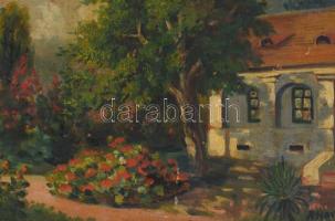 P. Horváth B jelzéssel: Virágzó udvar. Olaj, karton, sérült fa keretben, 23,5×33,5 cm