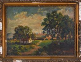 P. Horváth B jelzéssel: Háttérben a hegyek. Olaj, karton, sérült fa keretben, 23,5×33,5 cm