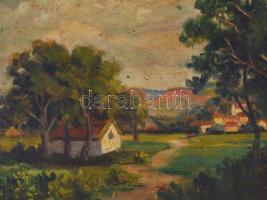 P. Horváth B jelzéssel: Háttérben a hegyek. Olaj, karton, sérült fa keretben, 23,5×33,5 cm