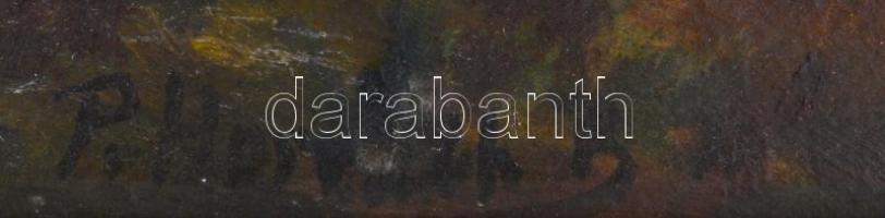 P. Horváth B jelzéssel: Háttérben a hegyek. Olaj, karton, sérült fa keretben, 23,5×33,5 cm