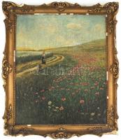 Mezei F jelzéssel: Anya és gyermeke pipacsmezőben. Olaj, vászon, sérült. Díszes, sérült fa keretben,...