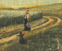 Mezei F jelzéssel: Anya és gyermeke pipacsmezőben. Olaj, vászon, sérült. Díszes, sérült fa keretben,...