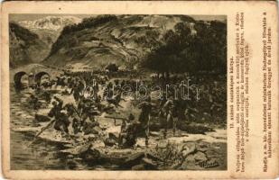 1915 12. számú csataképes kártya. Valjevo elfoglalása után csapataink a menekülő szerbeket a Kolubara folyó híd-átjárójától elvágják és kereszttűz közé fogva, részben a folyóba szorítják, részben foglyul ejtik. Kiadja a m. kir. honvédelmi minisztérium Hadsegélyező Hivatala / WWI Austro-Hungarian K.u.K. military art postcard s: M. Ledeli (fl)