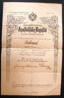 1903 díszes k.u.k. hadnagyi kinevezés Lázár Andor, honvéd államtitkár, későbbi igazságügyminiszter aláírásával / Decorative lutenant appointing charter with the signature of the latter minister of justice Andor Lázár