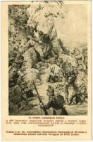 1915 13. számú csataképes kártya. A déli harctéren csapataink levegőbe röpítik a kulistei magaslatot, mely után szuronyrohammal kiverik az ellenséget a sziklabarlangokból. Kiadja a M. kir. Honvédelmi Minisztérium Hadsegélyező Hivatala / WWI Austro-Hungarian K.u.K. military art postcard s: Basch Árpád (EK)