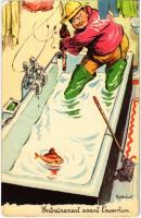 Entrainement avant louverture / French fishing humour art postcard s: Paul Ordner (EK)