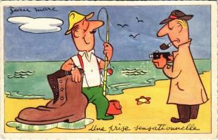 Une prise sensationnelle / French fishing humour art postcard. R. Hamel, Paris s: Jean Marc (gyűrődés / crease)