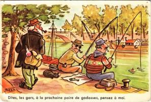 Dites, les gars, a la prochaine paire des godasses, pensez a moi / French fishing humour art postcard. Serie No. 1966. s: Bozz (lyuk / hole)