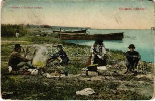 Balaton, Halsütés a Balaton partján, halászok, halászbárka, Balatoni halászat (EK)