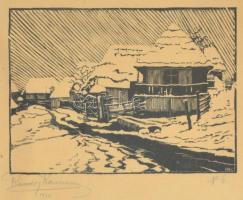 Rónay Kázmér (1883 - ?): Havas házak. Fametszet, papír, jelzett és datált (1920). Sérült, üvegezett fa keretben, 10×13,5 cm