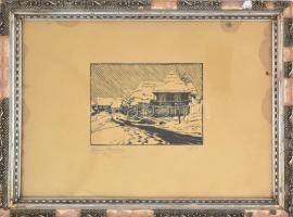 Rónay Kázmér (1883 - ?): Havas házak. Fametszet, papír, jelzett és datált (1920). Sérült, üvegezett ...