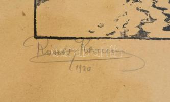 Rónay Kázmér (1883 - ?): Havas házak. Fametszet, papír, jelzett és datált (1920). Sérült, üvegezett ...