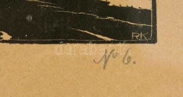 Rónay Kázmér (1883 - ?): Havas házak. Fametszet, papír, jelzett és datált (1920). Sérült, üvegezett ...