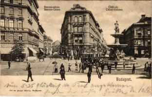 1903 Budapest VIII. Baross utca, Üllői út, gyógyszertár, szökőkút, villamos, Magyar fém és lámpaáru gyár üzlete. Divald Károly 109. sz.(fl)