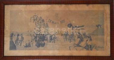 VBenes 1912 jelzéssel: Hazatérő huszárok, 1912.III.28. Ceruza, papír, sérült. Üvegezett fa keretben,...