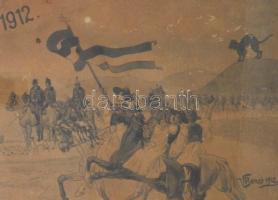 VBenes 1912 jelzéssel: Hazatérő huszárok, 1912.III.28. Ceruza, papír, sérült. Üvegezett fa keretben,...