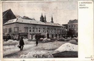 1913 Budapest V. Városház tér télen, A kegyesrendiek épülete, Világ Panoráma, Mozgó mozi, Barhó Ferenc üzlete  (EK)