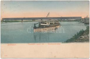 1911 Budapest IV. Újpest, Északi összekötő vasúti híd, uszály. Taussig Arthur 5431. (lyukak / holes)