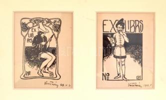 Vesztróczy Manó (1875-1955), 2 db különféle mű: Ex libris, szecessziós stílusban. Fametszet, papír, jelzett és datált (1913.V.31.), 2 db mű egy paszpartuban, ca. 10,5x7 cm