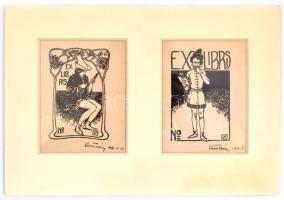 Vesztróczy Manó (1875-1955), 2 db különféle mű: Ex libris, szecessziós stílusban. Fametszet, papír, ...
