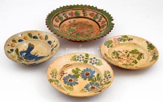 XIX. sz. 4 db tányér. Mázas cserép, kézzel festett, kisebb hibákkal. d:20-28 cm