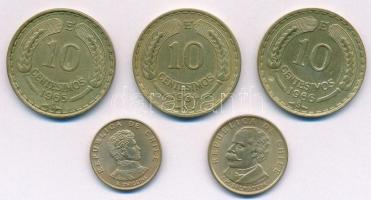 Chile 1964-1966. 10c Al-Br (3xklf) + 1971. 10c Al-Br "O'Higgins" + 20c Al-Br "Balmaceda" T:2 Chile 1964-1966. 10 Centesimos Al-Br (3xdiff) + 1971. 10 Centesimos Al-Br "O'Higgins'' + 1971. 20 Centesimos Al-Br "Balmaceda" C:XF Krause KM#191, KM#194, KM#195