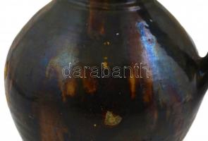 XIX. sz. vége: Tejes korsó. Mázas cserép, Kézzel festett, sérült m: 32 cm