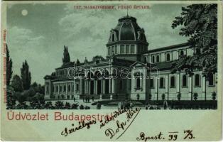 1899 Budapest XIII. Szent Margitsziget, fürdő épület, este. Ottmar Zieher  litho  (EK)