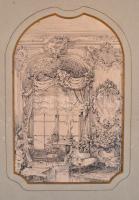 Jelzés nélkül, 1870-1900 körül: Kastély enteriőr Ámor-szoborral. Tus, papír, enyhén foltos, paszpartuban, 25×16 cm