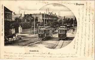 1901 Sopron, Kossuth út, villamosok, építkezés. Stagl F. fényképész és Blum N. kiadása