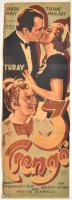 1941 Három csengő című film plakátja (Jávor, Tolnay, Makláry, Mály), hajtott, rajzszeg ütötte sérülésekkel, 82×29 cm