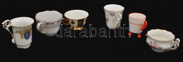 6 db különféle jelzésű kávéscsésze aljjal (Tettau Bavaria, Triptis, Könitz stb.) matricás és kézzel ...