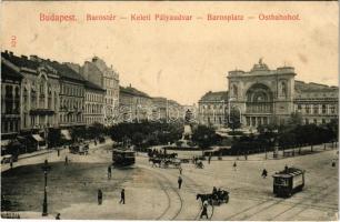 1909 Budapest VII. Baross tér és szobor, Keleti pályaudvar, villamosok, Arany Sas szálloda, Erzsébetvárosi Takarékpénztár. Taussig A. 9242.