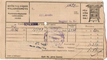 1947 5db győri villamosművek számla, 3db a hátoldalon illetékbélyegekkel
