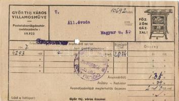 1947 5db győri villamosművek számla, 3db a hátoldalon illetékbélyegekkel