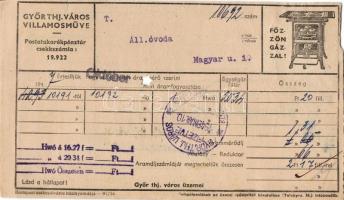 1947 5db győri villamosművek számla, 3db a hátoldalon illetékbélyegekkel