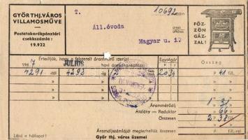 1947 5db győri villamosművek számla, 3db a hátoldalon illetékbélyegekkel