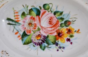 Carlsbadi kézzel festett, jelzett porcelán tál és 8 db Prag jelzésű, kézzel festett, gyümölcs mintás...