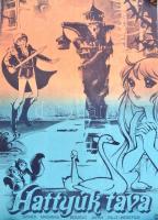 1981 Hattyúk tava színes japán rajzfilm plakátja, hajtott, apró szakadással, 57×39 cm