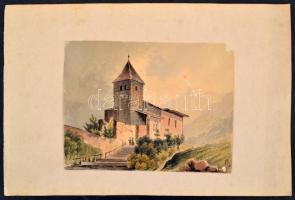 Olvashatatlan jelzéssel: Hegyvidéki templom. Akvarell, papír, sérült, hiányos, papírra kasírozva, da...