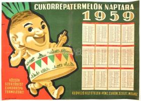 1959 Gönczi-Gebhardt Tibor (1902-1994): Cukorrépatermelők naptára - Kössön szerződést a cukorrépatermelésre! plakát, hajtott, javított, a sarkán hiánnyal, 48×66 cm