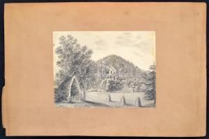 Olvashatatlan jelzéssel: Hegyvidéki kápolna. Ceruza, papír, foltos, papírra kasírozva, 16×21 cm