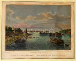 cca 1840 Ludwig Rohbock (1820-1883) - J. Umbach: Dunai hajómalmok, háttérben óbudai részletekkel, színezett metszet, üvegezett keretben, 13×17 cm
