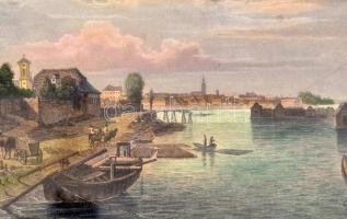 cca 1840 Ludwig Rohbock (1820-1883) - J. Umbach: Dunai hajómalmok, háttérben óbudai részletekkel, sz...