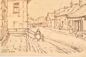 Sostarics Lajos (1896-1968): Óbuda, Lajos utca. Tus, papír, jelzéssel, gyűrött, hajtott, 20×28 cm