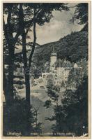 1932 Lillafüred (Miskolc), Kilátás az erdőből a Palota szállóra, automobil (ázott / wet damage)