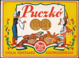 1930 Puczkó József gyulai hentesáru különlegességek reklámtáblája, jó állapotban, 21×28 cm