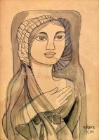 Kádár jelzéssel: Kendős hölgy. Lavírozott tus, papír, üvegezett fa keretben, 29x20,5 cm
