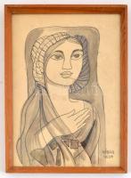 Kádár jelzéssel: Kendős hölgy. Lavírozott tus, papír, üvegezett fa keretben, 29x20,5 cm