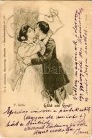 1898 Glück und Gruß! / Romantic couple kissing. Fr. A. Ackermann Kunstverlag Künstlerpostkarte No. 567. Art Nouveau s: F. Kruis (EM)